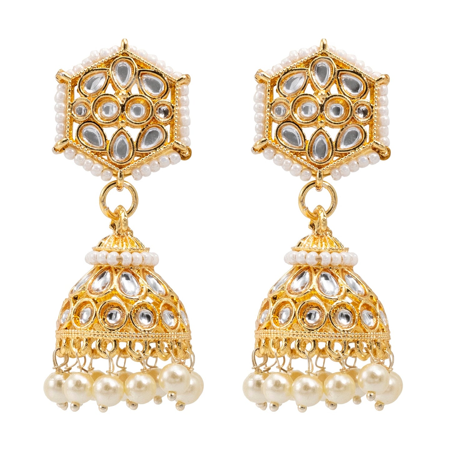 Shining Jewel Traditional Indian Gold Plated Kundan CZ, Crystal Studded Jhumka Earring For Women - Gold (SJE_146_G)