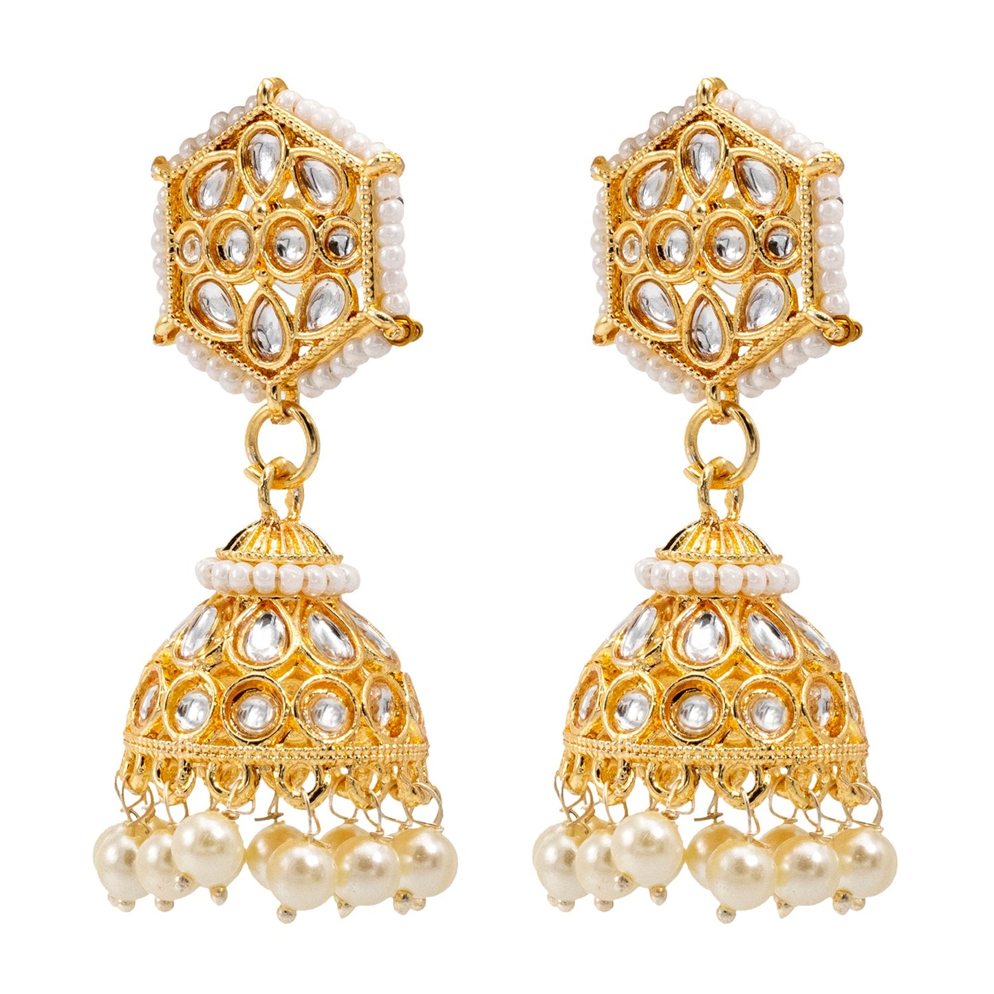 Shining Jewel Traditional Indian Gold Plated Kundan CZ, Crystal Studded Jhumka Earring For Women - Gold (SJE_146_G)