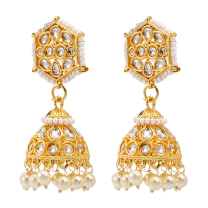 Shining Jewel Traditional Indian Gold Plated Kundan CZ, Crystal Studded Jhumka Earring For Women - Gold (SJE_146_G)