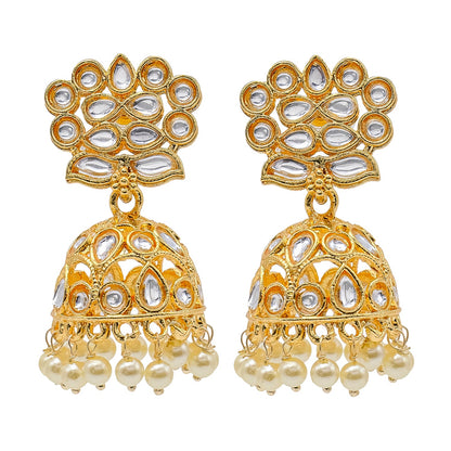 Shining Jewel Traditional Indian Gold Plated Kundan CZ, Crystal Studded Jhumka Earring For Women - Gold (SJE_147_G)