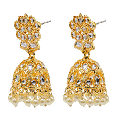 Shining Jewel Traditional Indian Gold Plated Kundan CZ, Crystal Studded Jhumka Earring For Women - Gold (SJE_147_G)