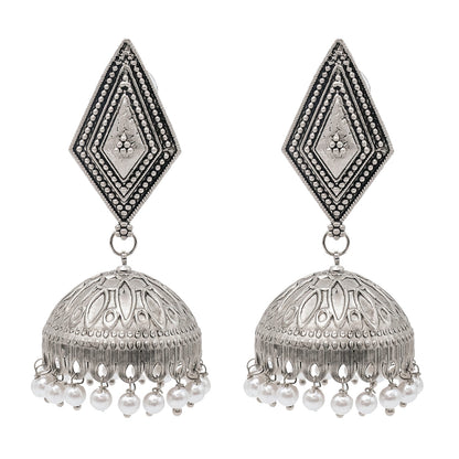 Shining Jewel Traditional Indian Matte Silver Oxidised Studded Jhumka Earring For Women - Silver (SJE_150_S)