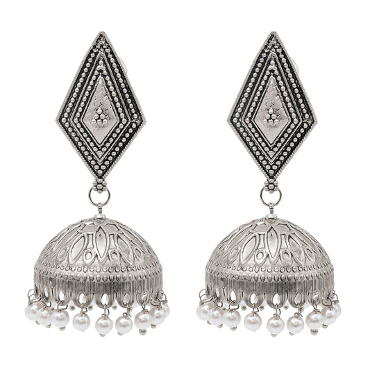 Shining Jewel Traditional Indian Matte Silver Oxidised Studded Jhumka Earring For Women - Silver (SJE_150_S)