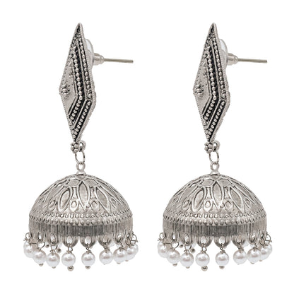 Shining Jewel Traditional Indian Matte Silver Oxidised Studded Jhumka Earring For Women - Silver (SJE_150_S)