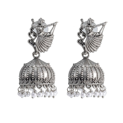 Shining Jewel Traditional Indian Matte Silver Oxidised CZ Crystal Studded Dancing Lady Jhumka Earring For Women - Silver (SJE_151_S)