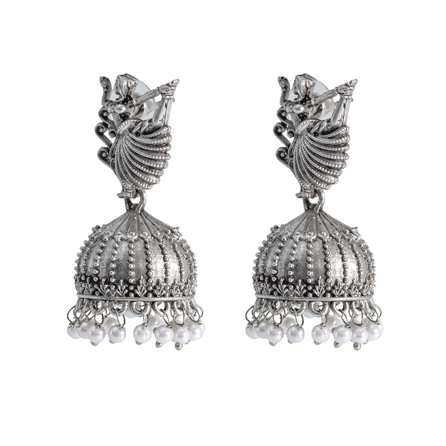 Shining Jewel Traditional Indian Matte Silver Oxidised CZ Crystal Studded Dancing Lady Jhumka Earring For Women - Silver (SJE_151_S)