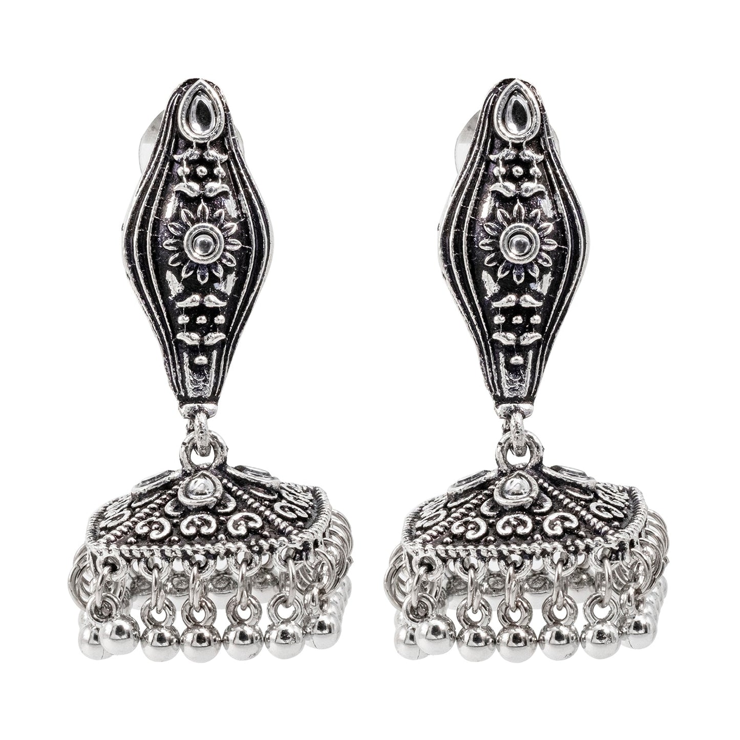 Shining Jewel Traditional Indian Matte Silver Oxidised Studded Jhumka Earring For Women - Silver (SJE_152_S)