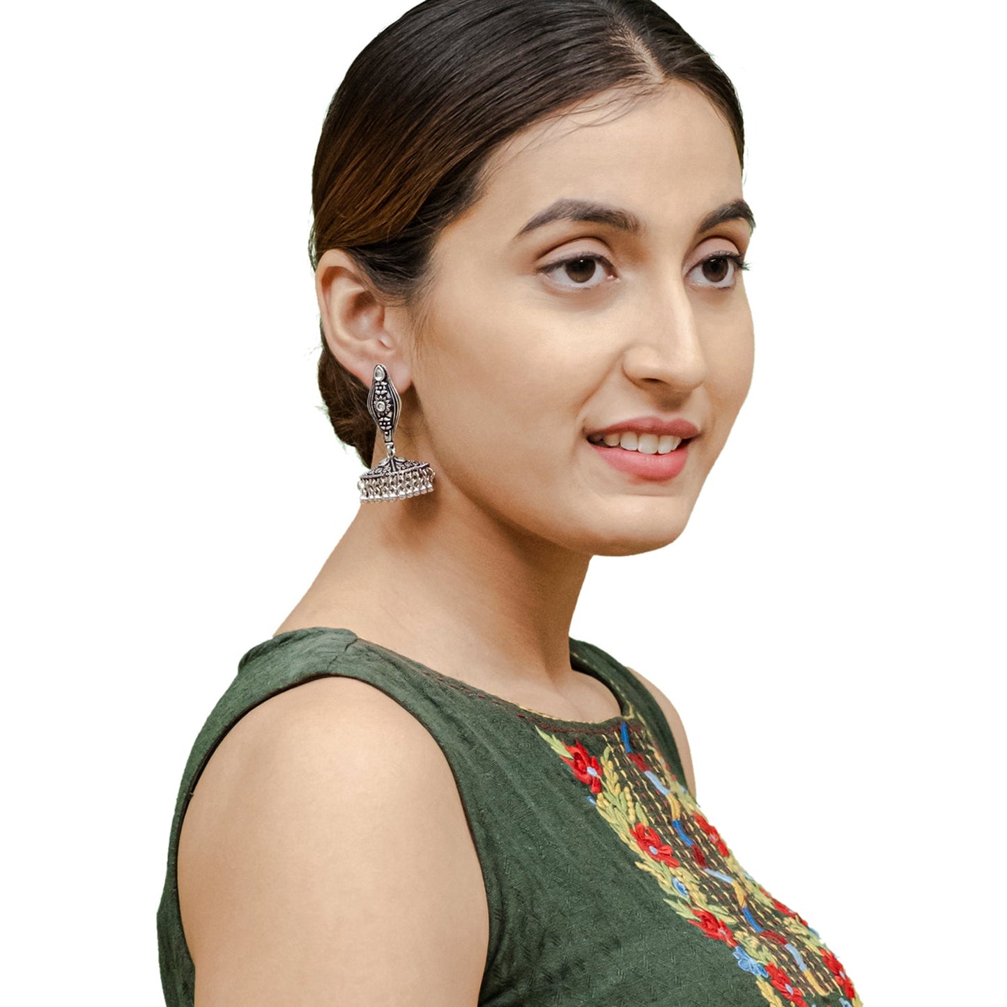 Shining Jewel Traditional Indian Matte Silver Oxidised Studded Jhumka Earring For Women - Silver (SJE_152_S)