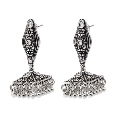 Shining Jewel Traditional Indian Matte Silver Oxidised Studded Jhumka Earring For Women - Silver (SJE_152_S)