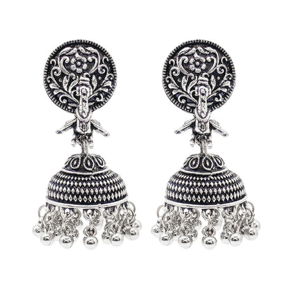 Shining Jewel Traditional Indian Matte Silver Oxidised Studded Peacock Jhumka Earring For Women - Silver (SJE_153_S)