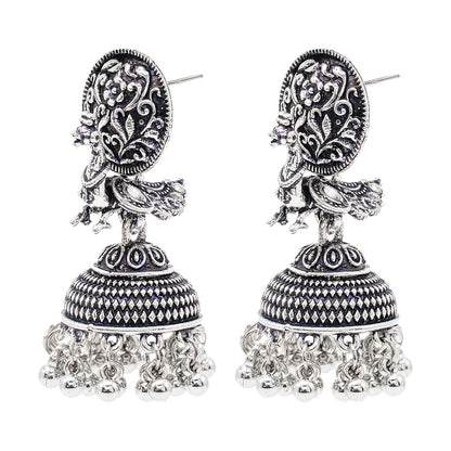 Shining Jewel Traditional Indian Matte Silver Oxidised Studded Peacock Jhumka Earring For Women - Silver (SJE_153_S)