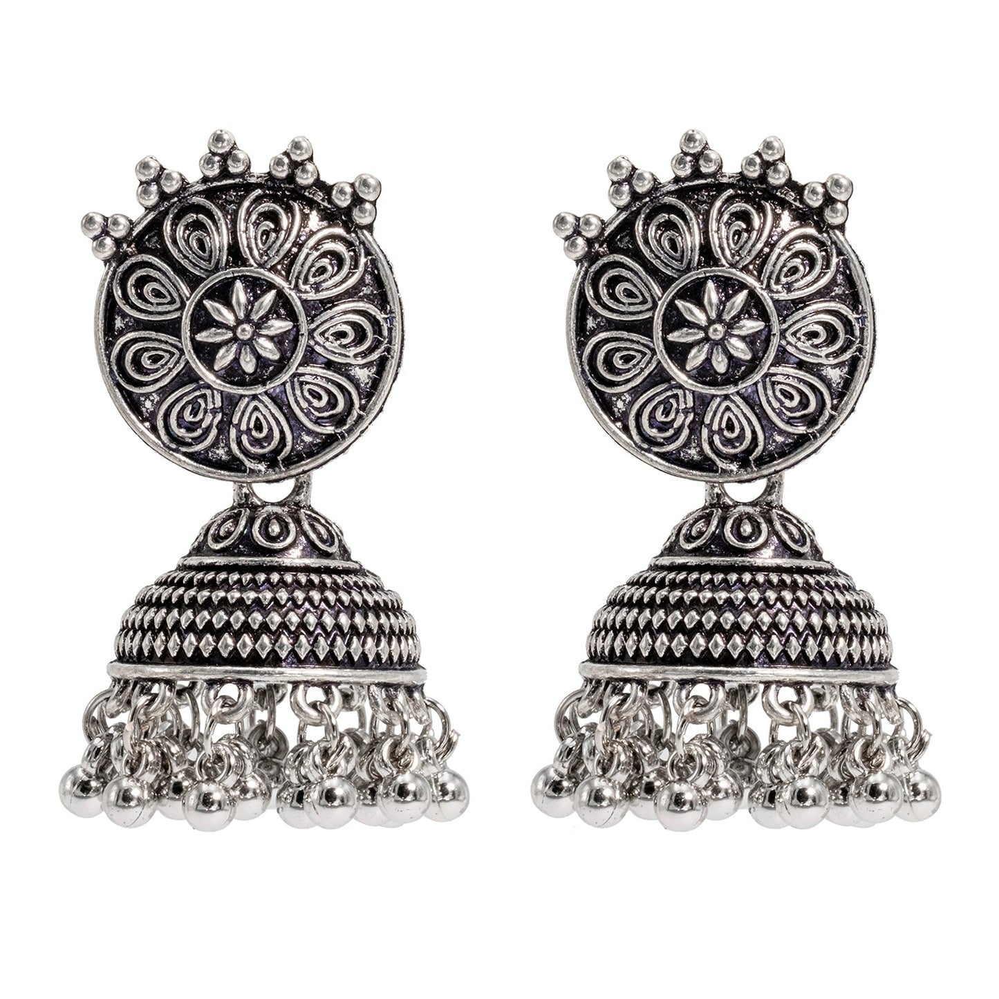 Shining Jewel Traditional Indian Matte Silver Oxidised Studded Jhumka Earring For Women - Silver (SJE_154_S)