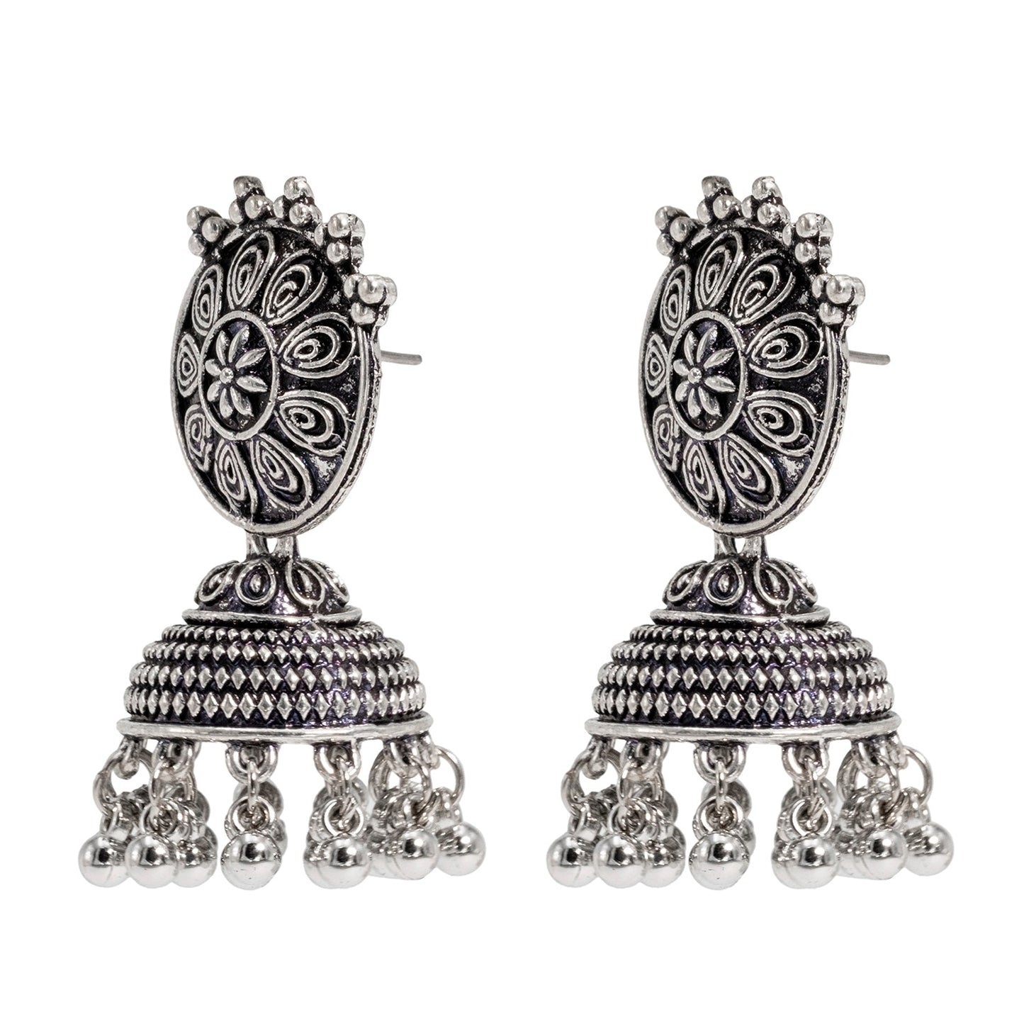 Shining Jewel Traditional Indian Matte Silver Oxidised Studded Jhumka Earring For Women - Silver (SJE_154_S)