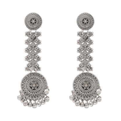 Shining Jewel Traditional Indian Matte Silver Oxidised Studded Long Earring For Women - Silver (SJE_154_S)