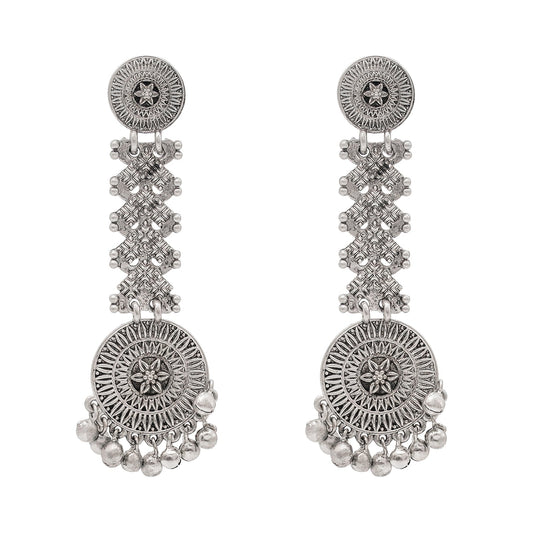 Shining Jewel Traditional Indian Matte Silver Oxidised Studded Long Earring For Women - Silver (SJE_154_S)