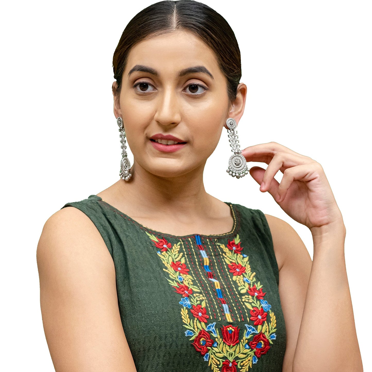 Shining Jewel Traditional Indian Matte Silver Oxidised Studded Long Earring For Women - Silver (SJE_154_S)