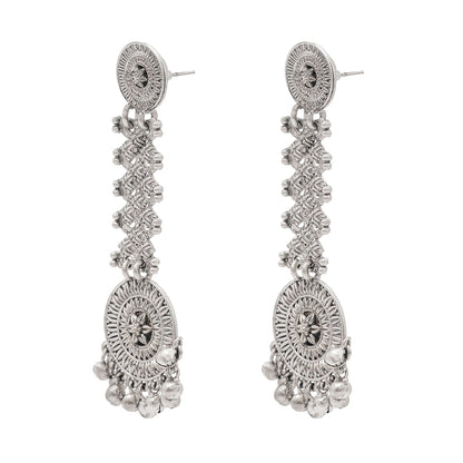 Shining Jewel Traditional Indian Matte Silver Oxidised Studded Long Earring For Women - Silver (SJE_154_S)