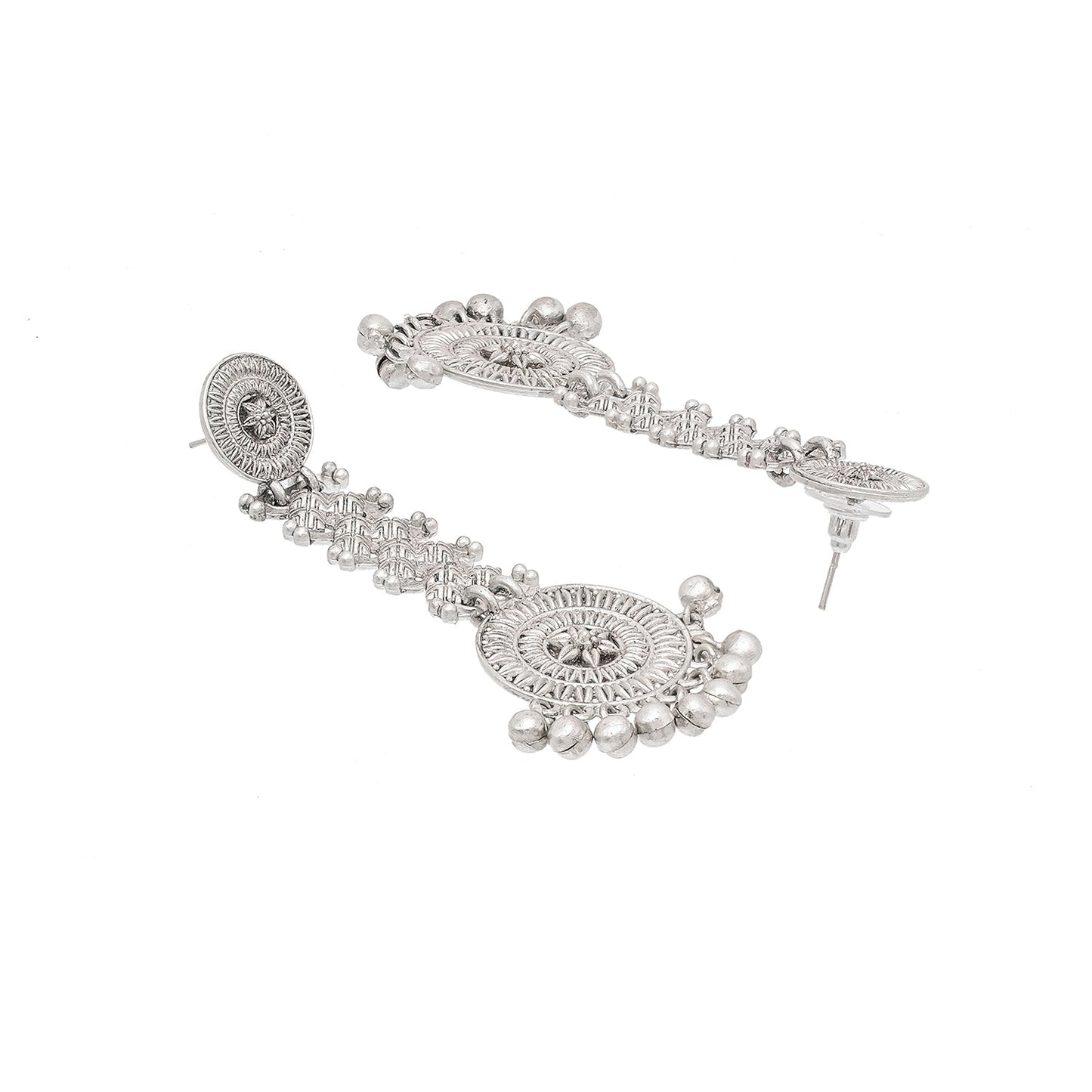 Shining Jewel Traditional Indian Matte Silver Oxidised Studded Long Earring For Women - Silver (SJE_154_S)