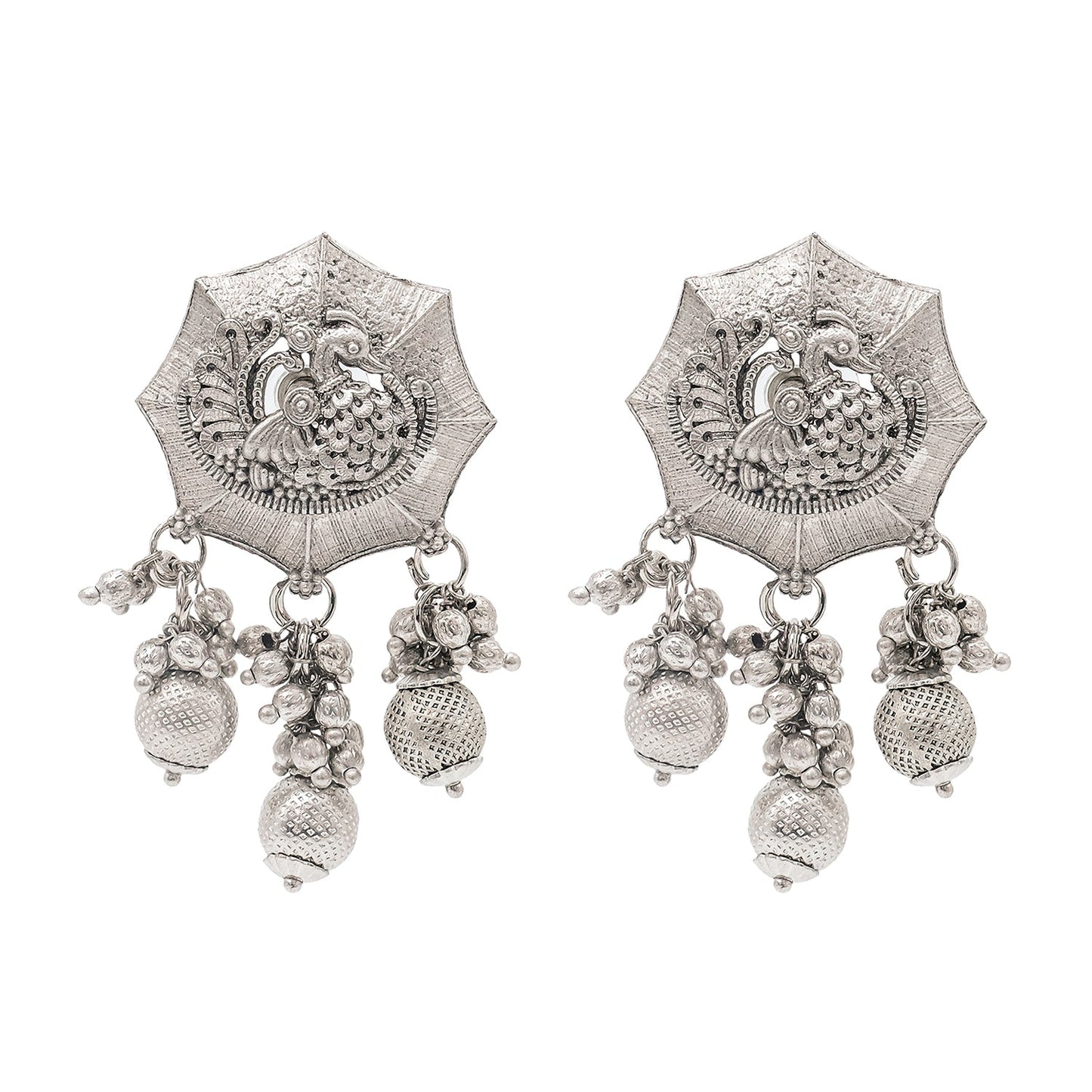 Shining Jewel Traditional Indian Matte Silver Oxidised Studded Peacock Design Earring For Women - Silver (SJE_158_S)