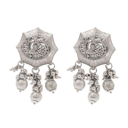 Shining Jewel Traditional Indian Matte Silver Oxidised Studded Peacock Design Earring For Women - Silver (SJE_158_S)