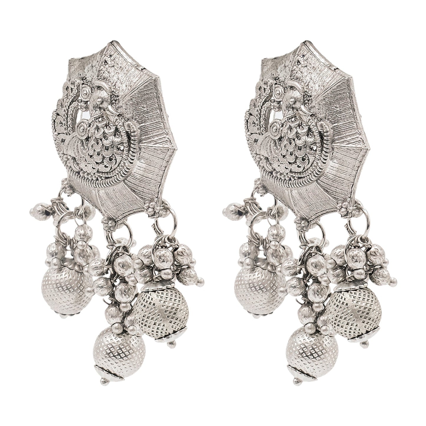 Shining Jewel Traditional Indian Matte Silver Oxidised Studded Peacock Design Earring For Women - Silver (SJE_158_S)