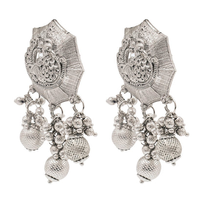 Shining Jewel Traditional Indian Matte Silver Oxidised Studded Peacock Design Earring For Women - Silver (SJE_158_S)