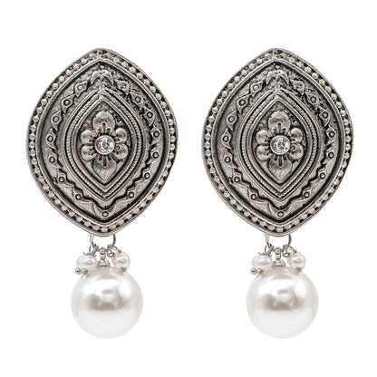 Shining Jewel Traditional Indian Matte Silver Oxidised Studded Drop Earring For Women - Silver (SJE_159_S)