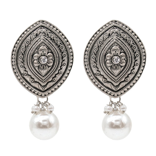 Shining Jewel Traditional Indian Matte Silver Oxidised Studded Drop Earring For Women - Silver (SJE_159_S)