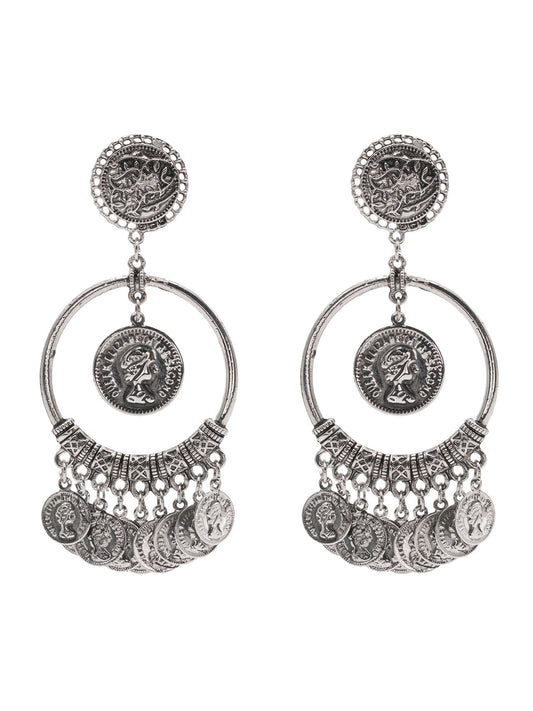 Shining Jewel Traditional Indian Antique Silver Oxidised Victorian Coin Chand Bali Earring For Women (SJE_161)