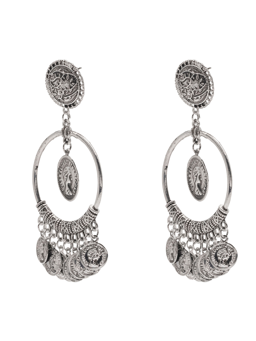 Shining Jewel Traditional Indian Antique Silver Oxidised Victorian Coin Chand Bali Earring For Women (SJE_161)