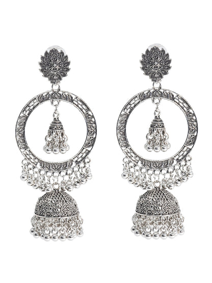 Shining Jewel Traditional Indian Antique Silver Oxidised Peacock Jhumka with Chand Bali Earring For Women (SJE_166)