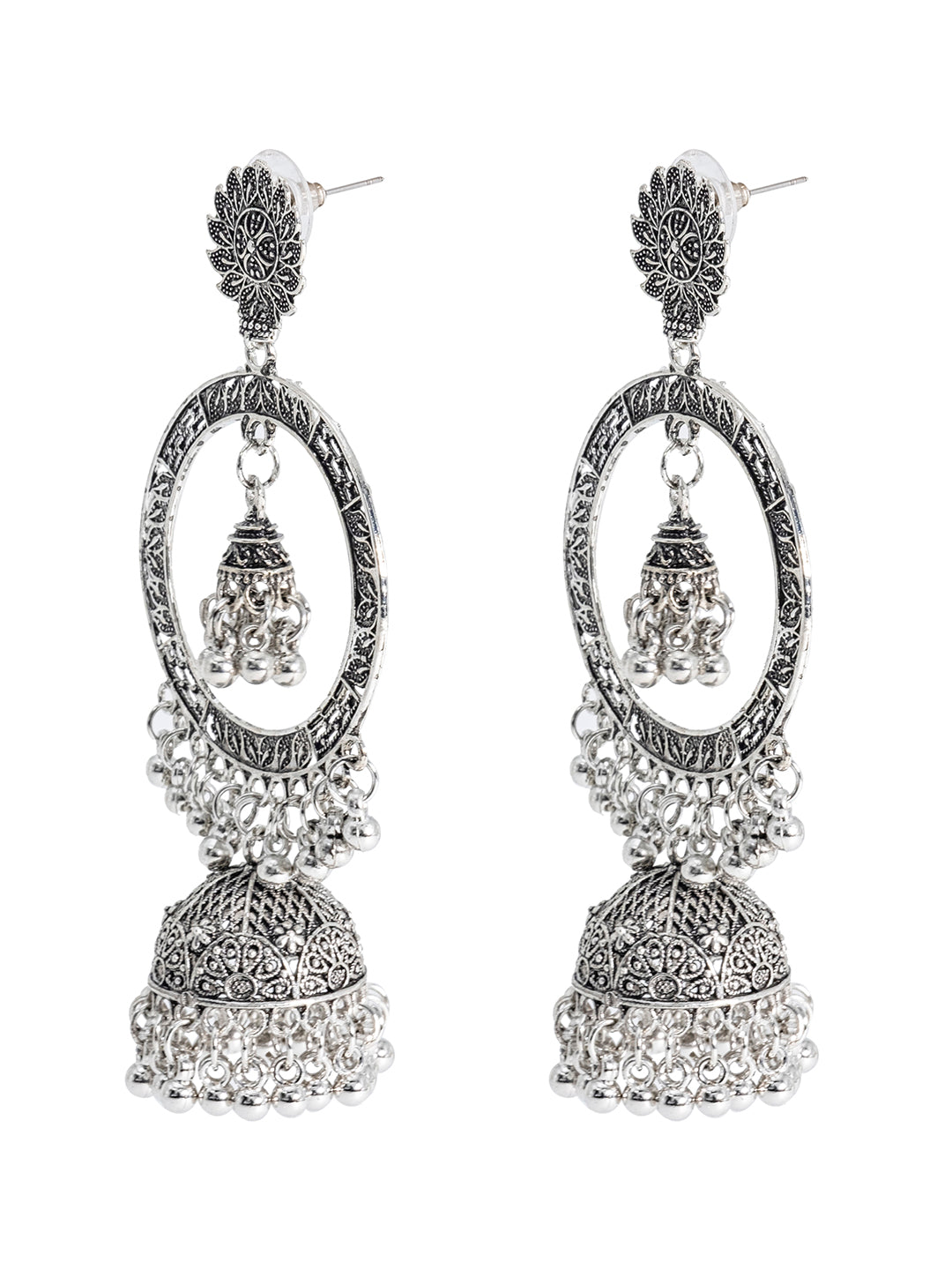 Shining Jewel Traditional Indian Antique Silver Oxidised Peacock Jhumka with Chand Bali Earring For Women (SJE_166)