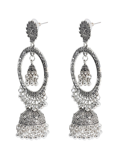 Shining Jewel Traditional Indian Antique Silver Oxidised Peacock Jhumka with Chand Bali Earring For Women (SJE_166)