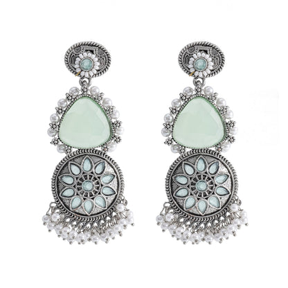 Shining Jewel Traditional Indian Matte Silver Oxidised CZ, Crystal Studded Earring For Women - Silver Light Green (SJE_169_S_LG)