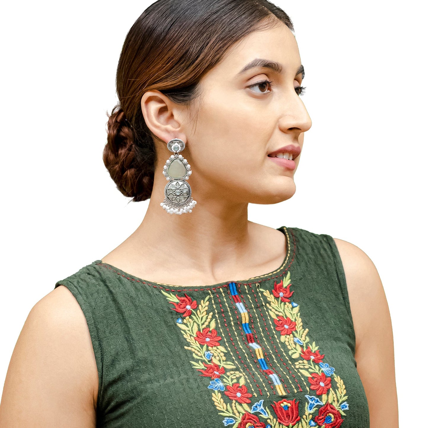 Shining Jewel Traditional Indian Matte Silver Oxidised CZ, Crystal Studded Earring For Women - Silver Light Green (SJE_169_S_LG)