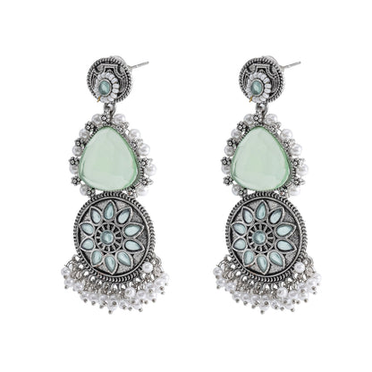 Shining Jewel Traditional Indian Matte Silver Oxidised CZ, Crystal Studded Earring For Women - Silver Light Green (SJE_169_S_LG)