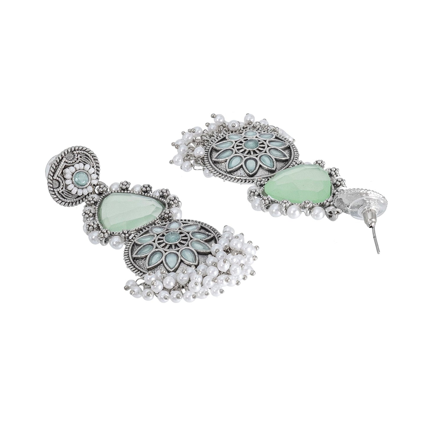 Shining Jewel Traditional Indian Matte Silver Oxidised CZ, Crystal Studded Earring For Women - Silver Light Green (SJE_169_S_LG)