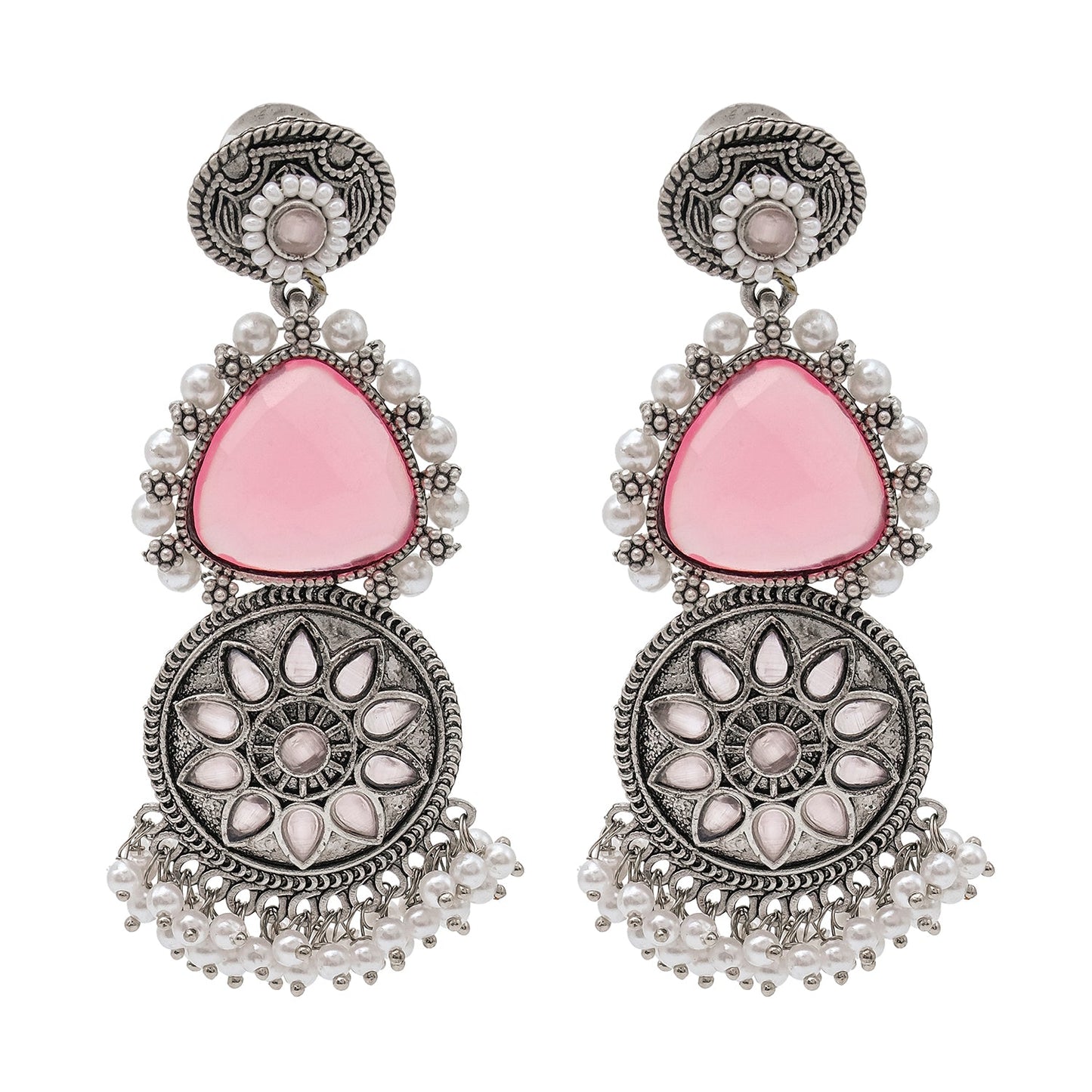 Shining Jewel Traditional Indian Matte Silver Oxidised CZ, Crystal Studded Earring For Women - Silver Light Pink (SJE_169_S_LP)