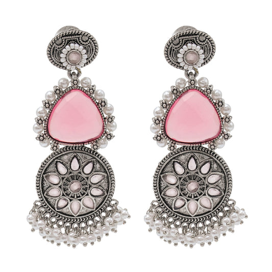 Shining Jewel Traditional Indian Matte Silver Oxidised CZ, Crystal Studded Earring For Women - Silver Light Pink (SJE_169_S_LP)