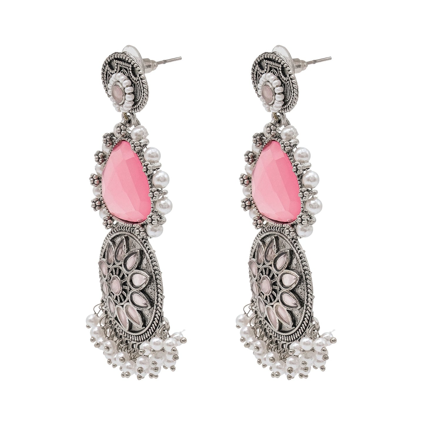 Shining Jewel Traditional Indian Matte Silver Oxidised CZ, Crystal Studded Earring For Women - Silver Light Pink (SJE_169_S_LP)