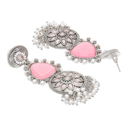 Shining Jewel Traditional Indian Matte Silver Oxidised CZ, Crystal Studded Earring For Women - Silver Light Pink (SJE_169_S_LP)