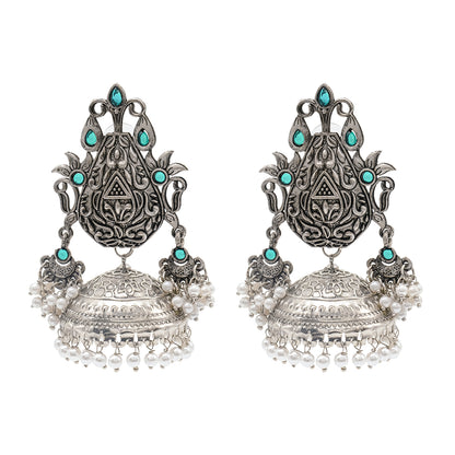 Traditional Indian Matte Silver Oxidised CZ Crystal Studded Large Sized Jhumka Earring For Women-Silver Maroon Green (SJE_170_S_M_G)