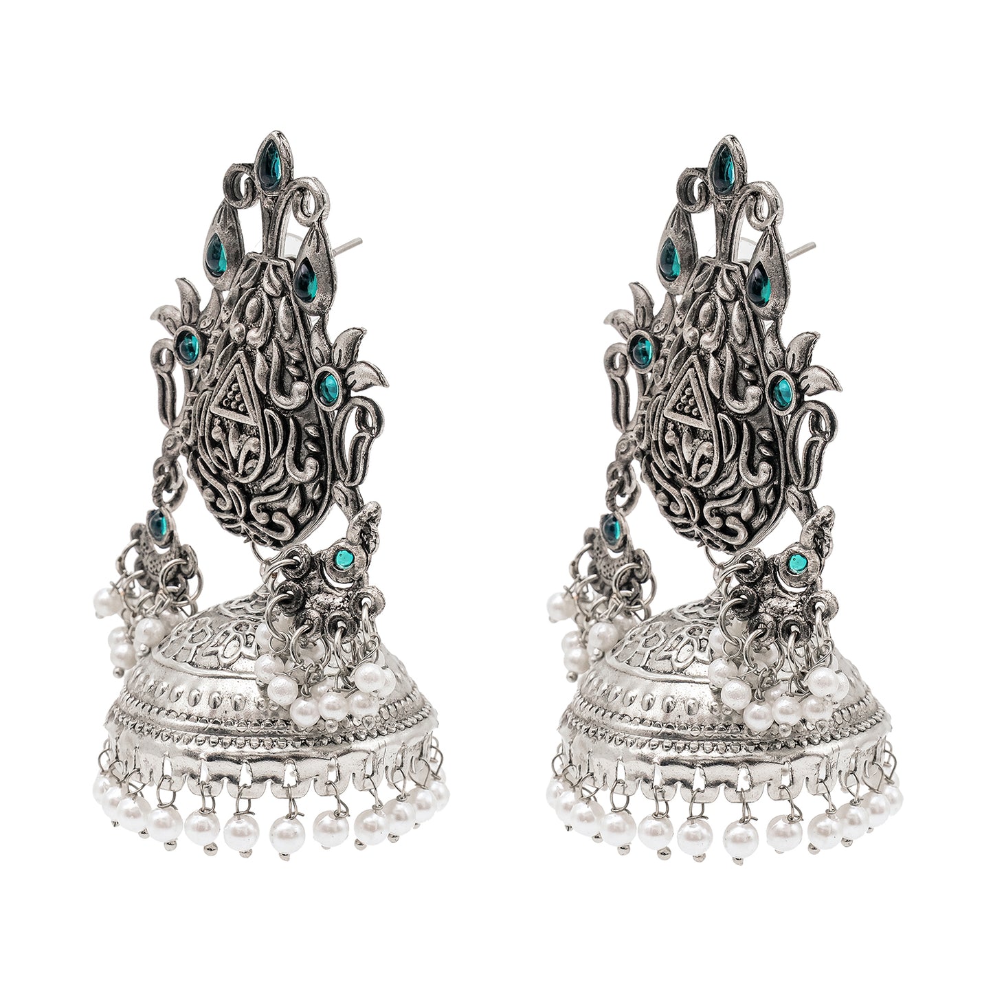 Traditional Indian Matte Silver Oxidised CZ Crystal Studded Large Sized Jhumka Earring For Women-Silver Maroon Green (SJE_170_S_M_G)