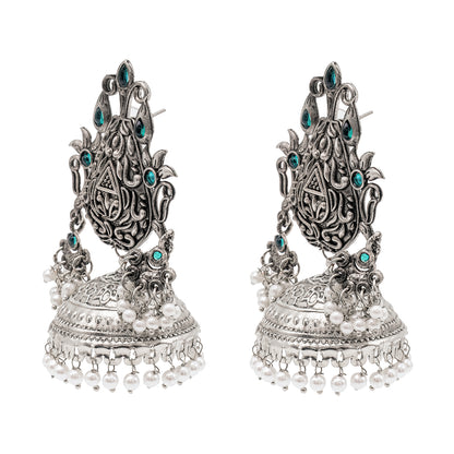 Traditional Indian Matte Silver Oxidised CZ Crystal Studded Large Sized Jhumka Earring For Women-Silver Maroon Green (SJE_170_S_M_G)