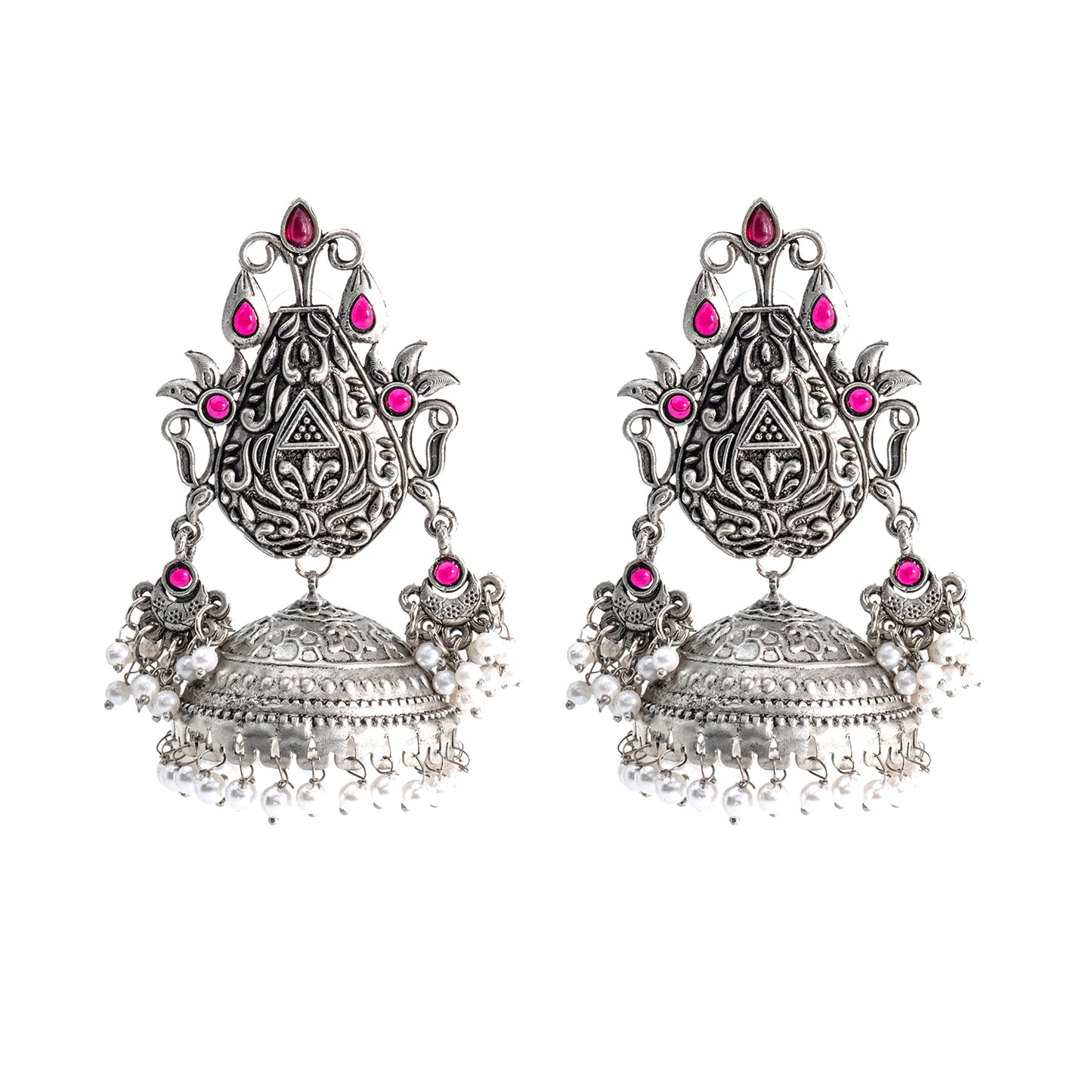 Traditional Indian Matte Silver Oxidised CZ Crystal Studded Large Sized Jhumka Earring For Women-Silver Maroon Green (SJE_170_S_M_G)