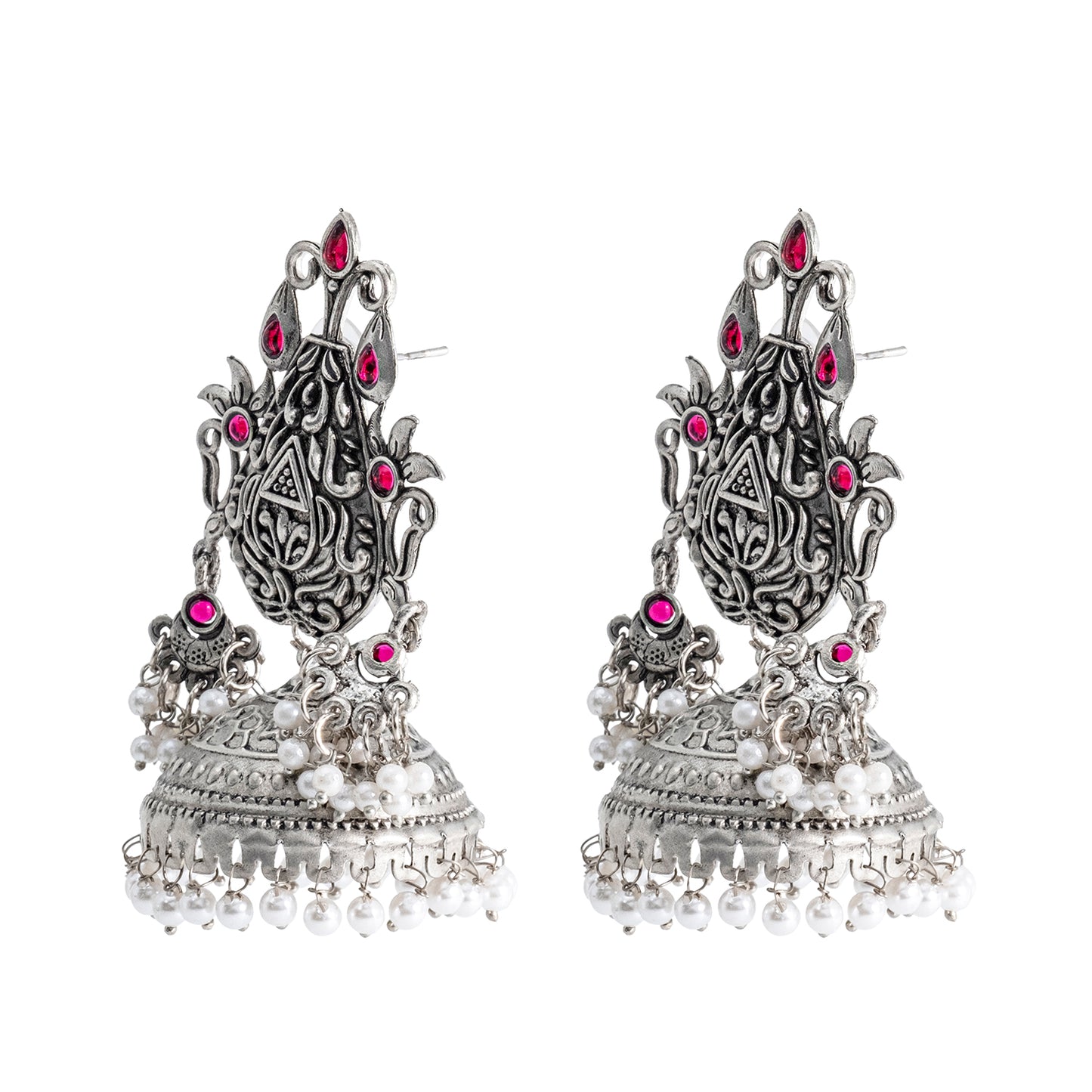 Traditional Indian Matte Silver Oxidised CZ Crystal Studded Large Sized Jhumka Earring For Women-Silver Maroon Green (SJE_170_S_M_G)