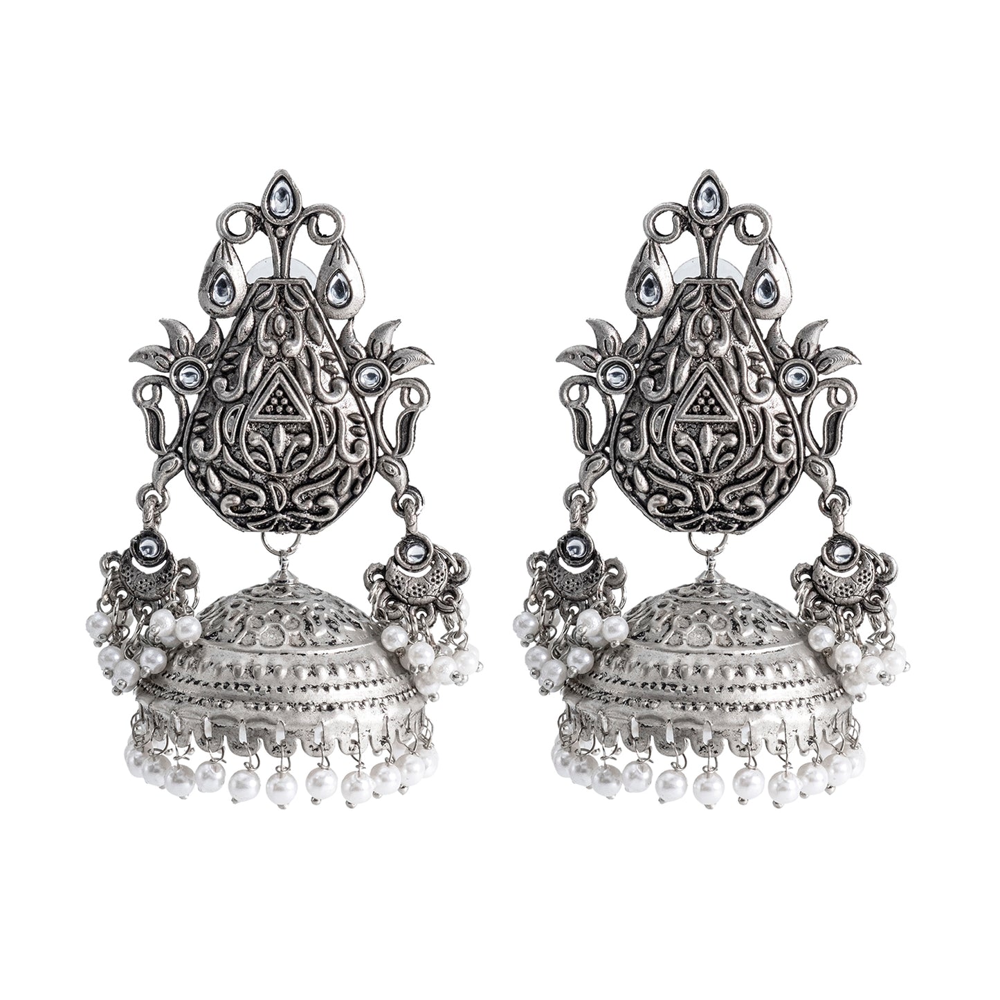 Traditional Indian Matte Silver Oxidised CZ Crystal Studded Large Sized Jhumka Earring For Women-Silver Maroon Green (SJE_170_S_M_G)