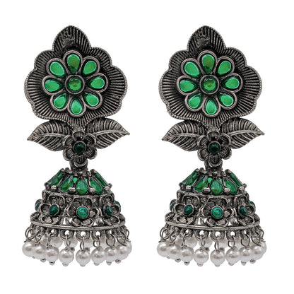 Shining Jewel Traditional Indian Matte Silver Oxidised CZ, Crystal Studded Flower Jhumka Earring For Women - Silver Greeen (SJE_171_S_G)