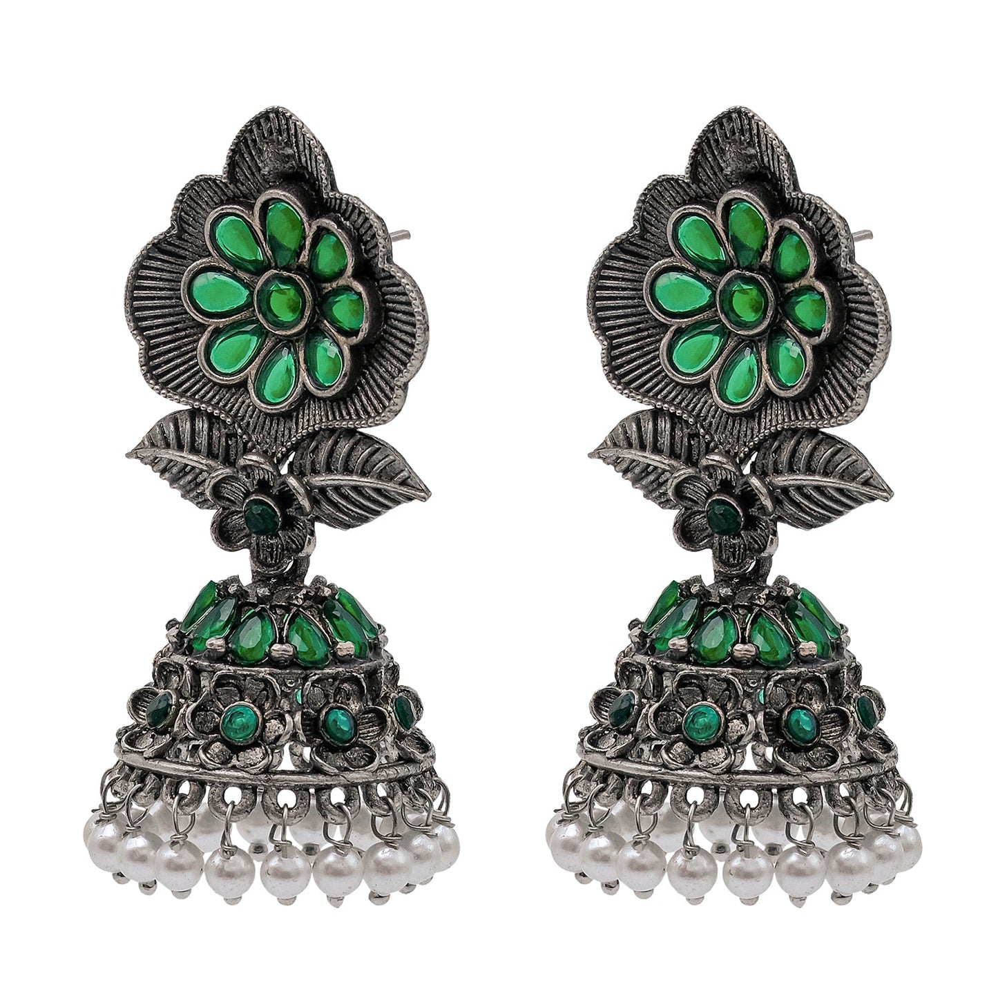 Shining Jewel Traditional Indian Matte Silver Oxidised CZ, Crystal Studded Flower Jhumka Earring For Women - Silver Greeen (SJE_171_S_G)