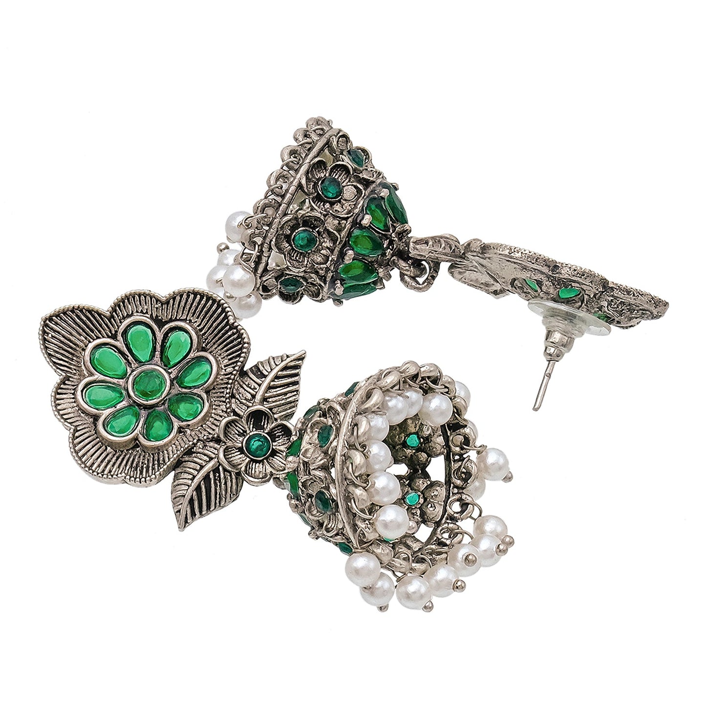 Shining Jewel Traditional Indian Matte Silver Oxidised CZ, Crystal Studded Flower Jhumka Earring For Women - Silver Greeen (SJE_171_S_G)